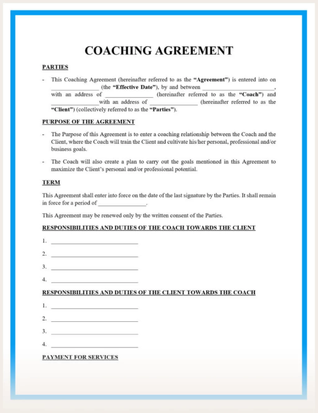 Screenshot of coaching contract template
