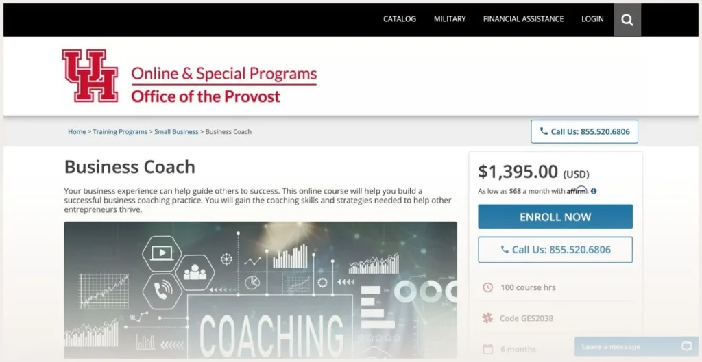 Business coach certification webpage